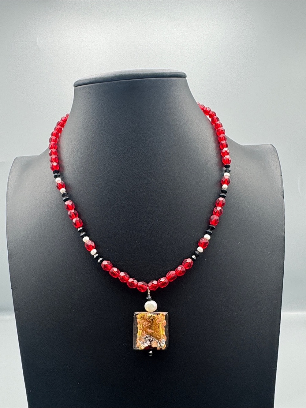 Red Beaded Necklace with Glass-Accent Pendant